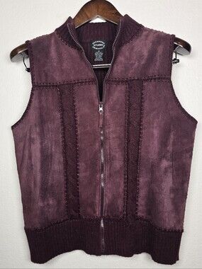 Designers Studio Originals Burgundy Suede Leather Knit Zip Vest Medium